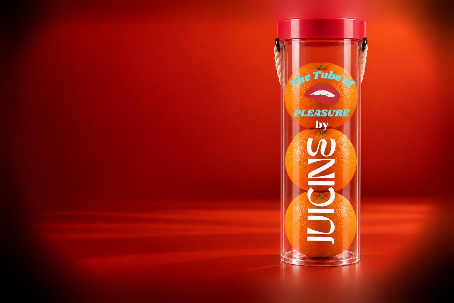 Dry JUICINE tube with three mandarins, a red lid and the cord tucked behind